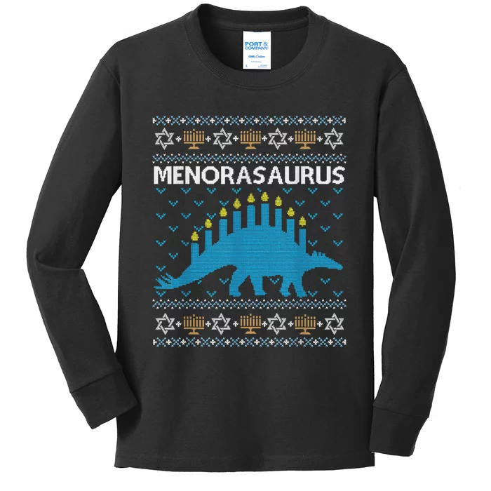 Funny Ugly Hanukkah Sweater Dinosaur Menorah Dino Kids Long Sleeve Shirt