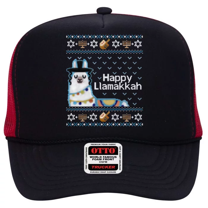 Funny Ugly Hanukkah Sweater, Llama Llamakkah High Crown Mesh Trucker Hat