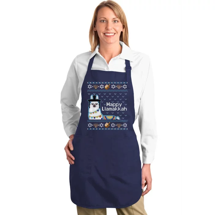 Funny Ugly Hanukkah Sweater, Llama Llamakkah Full-Length Apron With Pocket