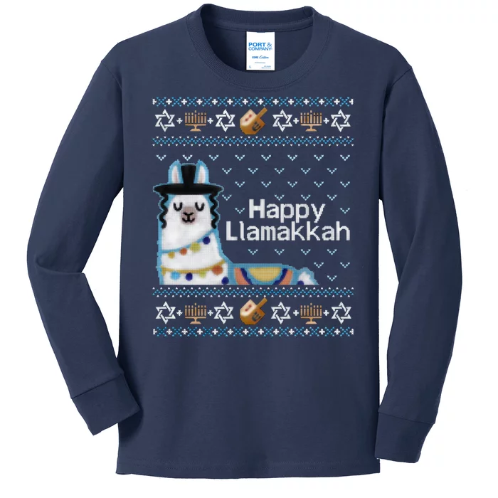 Funny Ugly Hanukkah Sweater, Llama Llamakkah Kids Long Sleeve Shirt