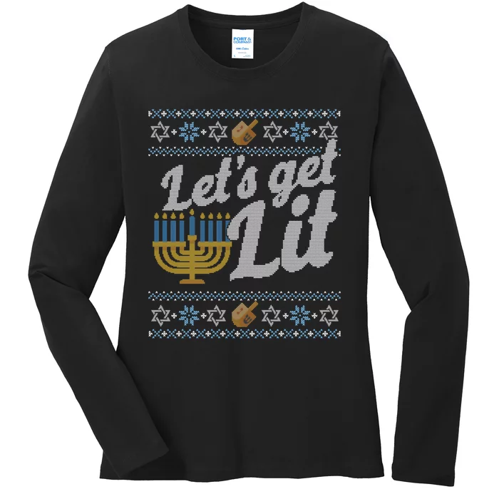 Funny Ugly Hanukkah Sweater Lets Get Litorah Ladies Long Sleeve Shirt