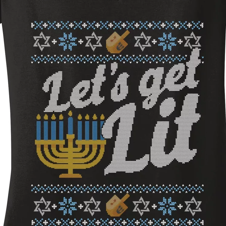 Funny Ugly Hanukkah Sweater Lets Get Litorah Women's V-Neck T-Shirt