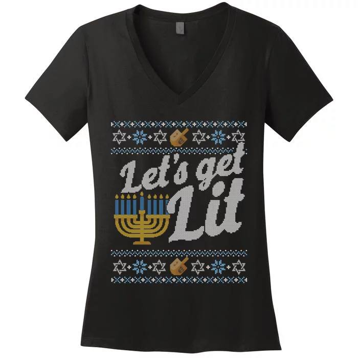 Funny Ugly Hanukkah Sweater Lets Get Litorah Women's V-Neck T-Shirt