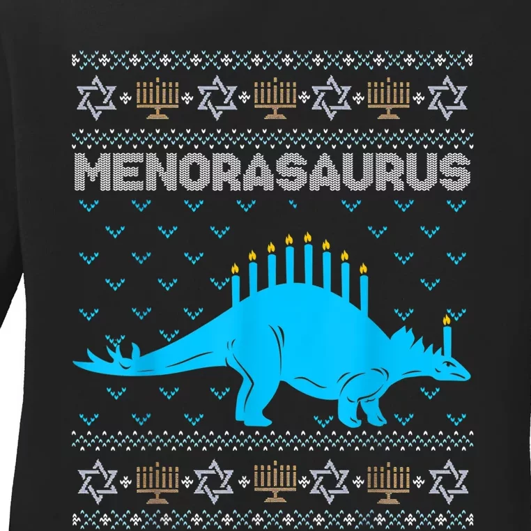 Funny Ugly Hanukkah Sweater Dinosaur Menorah Dino Boys Ladies Long Sleeve Shirt