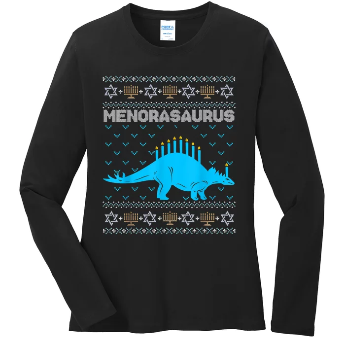 Funny Ugly Hanukkah Sweater Dinosaur Menorah Dino Boys Ladies Long Sleeve Shirt