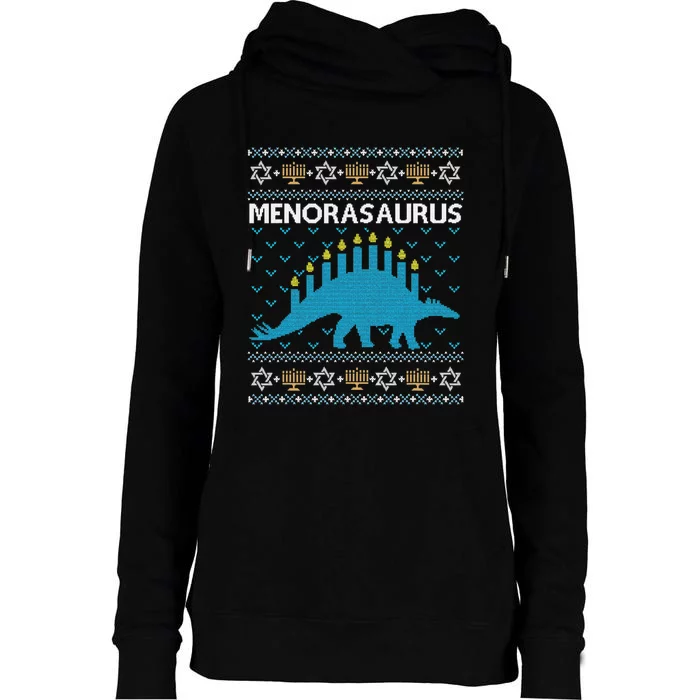 Funny Ugly Hanukkah Sweater Dinosaur Menorah Dino Womens Funnel Neck Pullover Hood