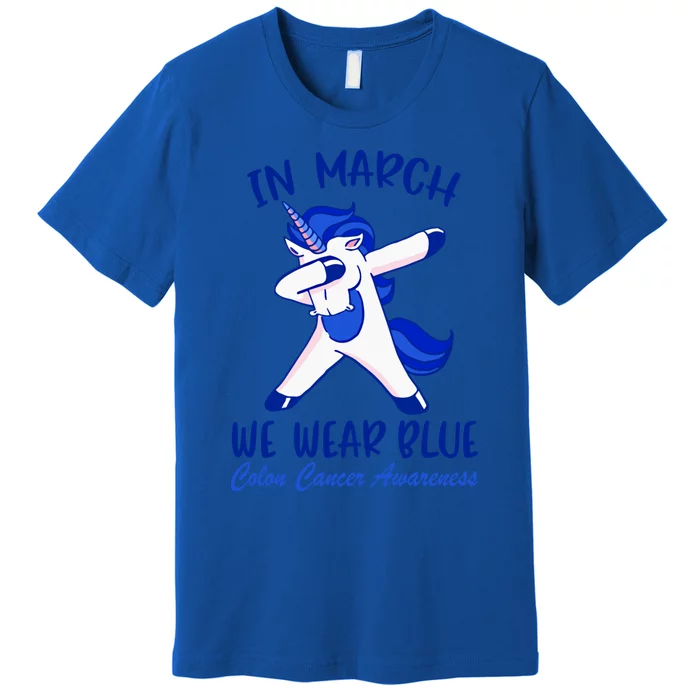 Funny Unicorn In March We Wear Blue Colon Cancer Awareness Funny Gift Premium T-Shirt