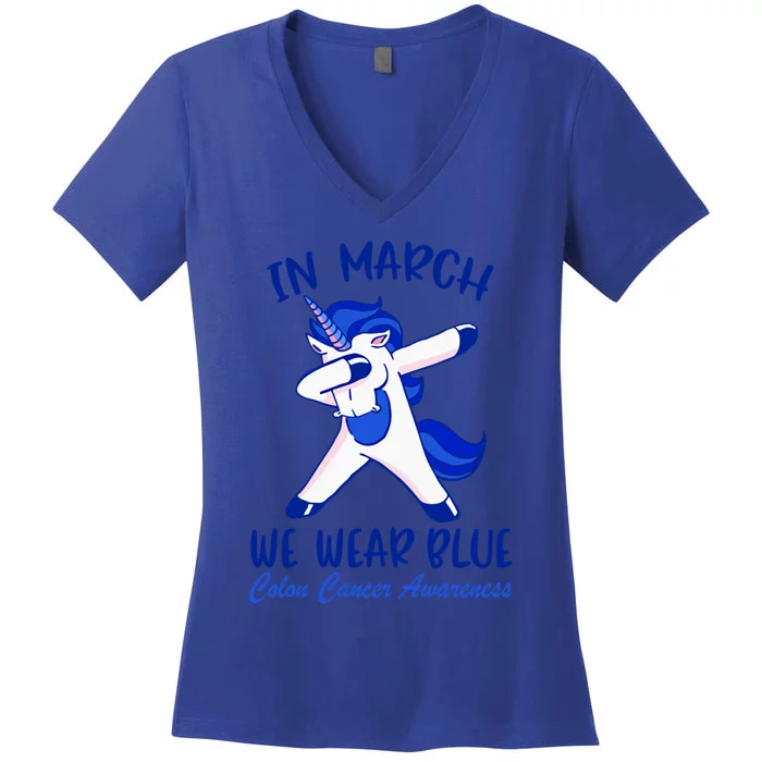 Funny Unicorn In March We Wear Blue Colon Cancer Awareness Funny Gift Women's V-Neck T-Shirt