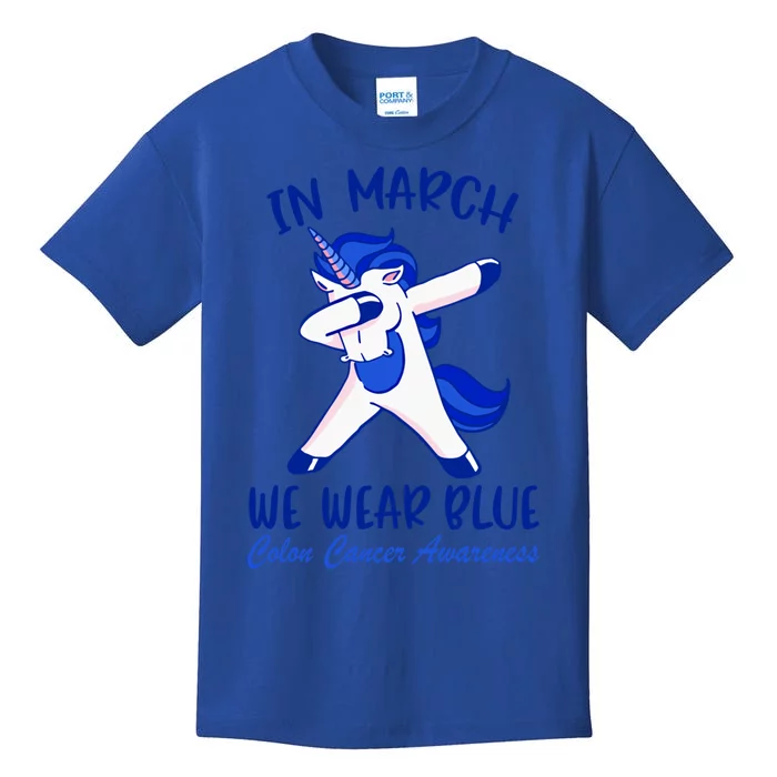 Funny Unicorn In March We Wear Blue Colon Cancer Awareness Funny Gift Kids T-Shirt