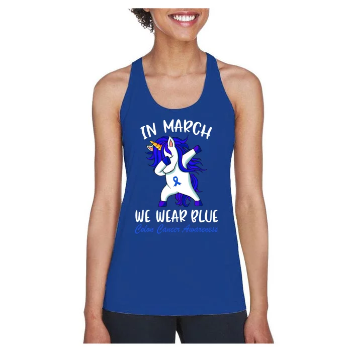 Funny Unicorn In March We Wear Blue Colon Cancer Awareness Cute Gift Women's Racerback Tank