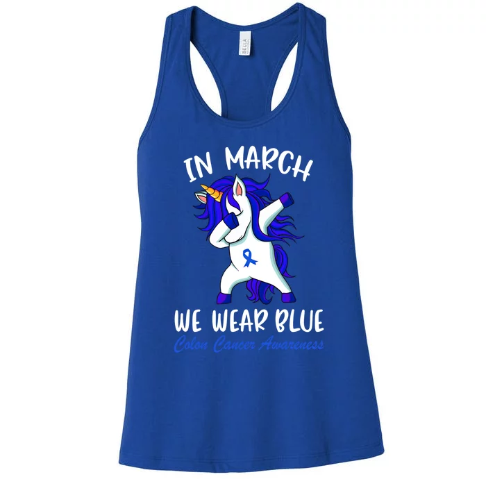 Funny Unicorn In March We Wear Blue Colon Cancer Awareness Cute Gift Women's Racerback Tank