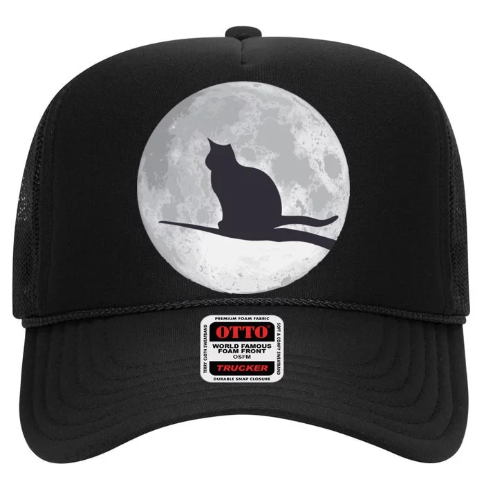 Full Moon Cat Silhouette Halloween High Crown Mesh Trucker Hat