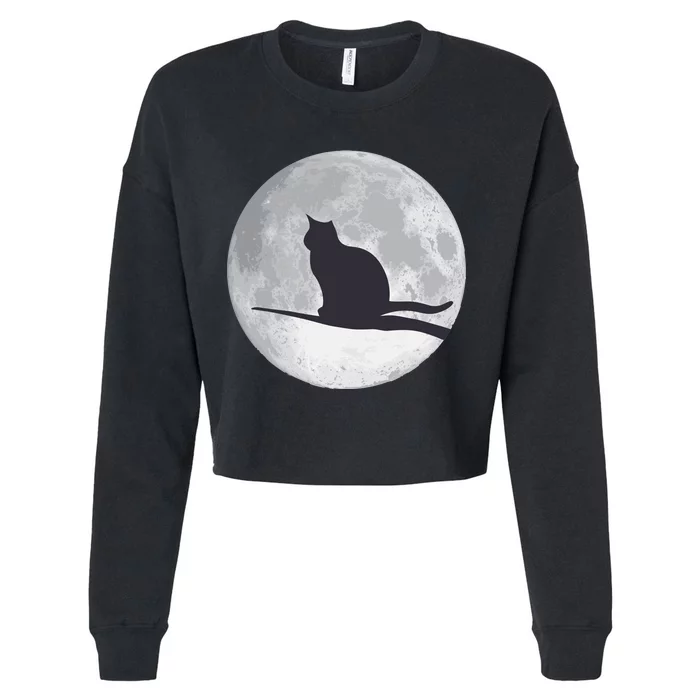 Full Moon Cat Silhouette Halloween Cropped Pullover Crew