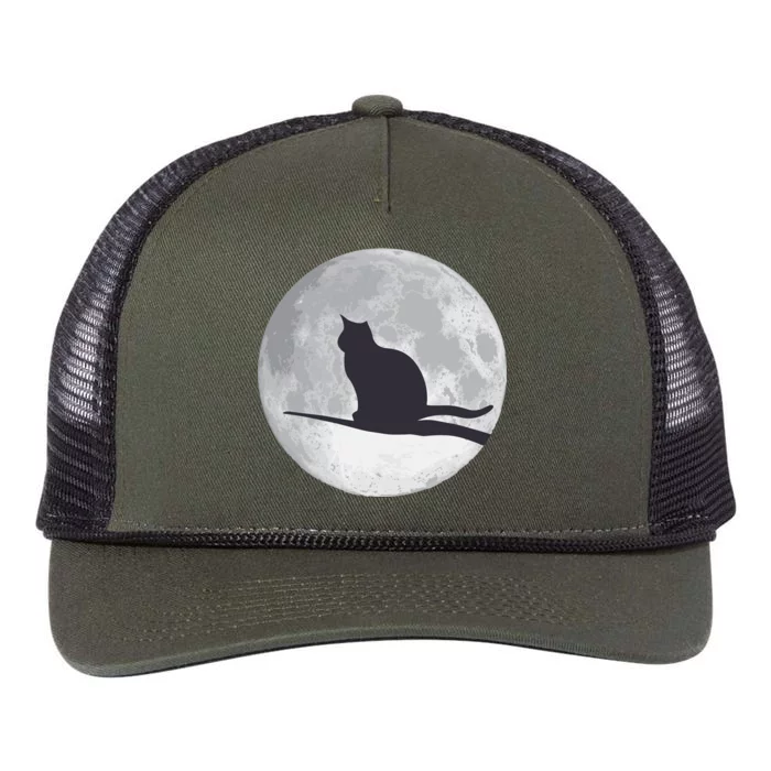 Full Moon Cat Silhouette Halloween Retro Rope Trucker Hat Cap