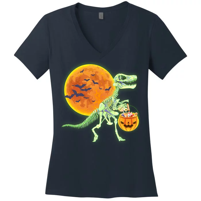 Full Moon T-Rex Dinosaur Skeleton Candy Women's V-Neck T-Shirt