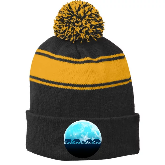 Full Moon With Elephant Family Stripe Pom Pom Beanie