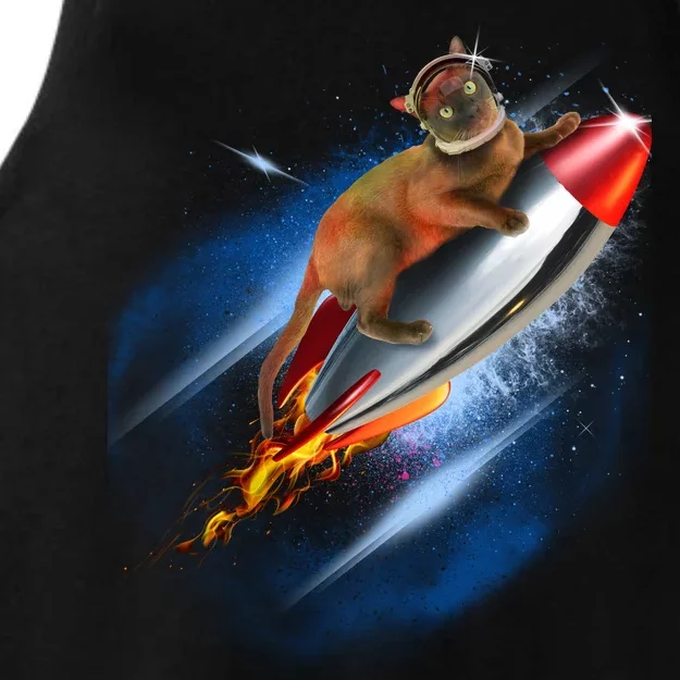 Funny Astronaut Cat Blasting Off In Space Ladies Tri-Blend Wicking Tank