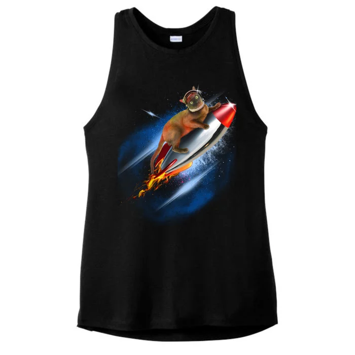 Funny Astronaut Cat Blasting Off In Space Ladies Tri-Blend Wicking Tank