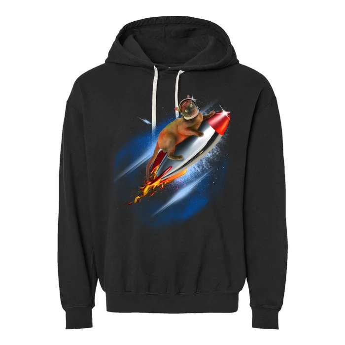 Funny Astronaut Cat Blasting Off In Space Garment-Dyed Fleece Hoodie