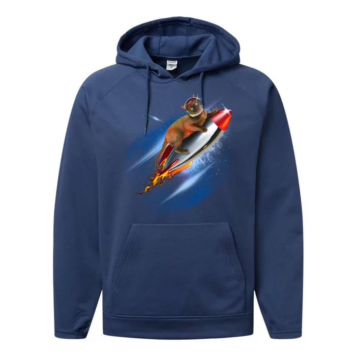 Funny Astronaut Cat Blasting Off In Space Performance Fleece Hoodie