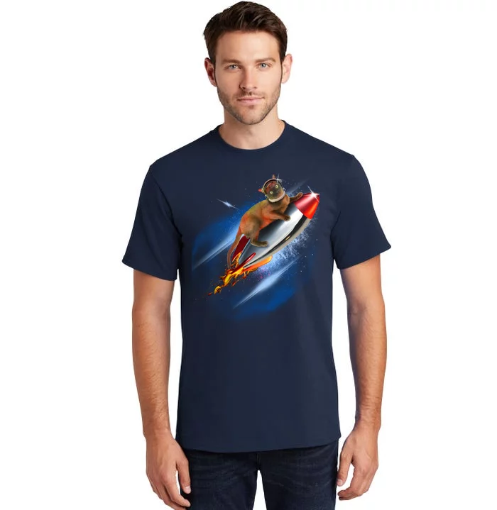 Funny Astronaut Cat Blasting Off In Space Tall T-Shirt