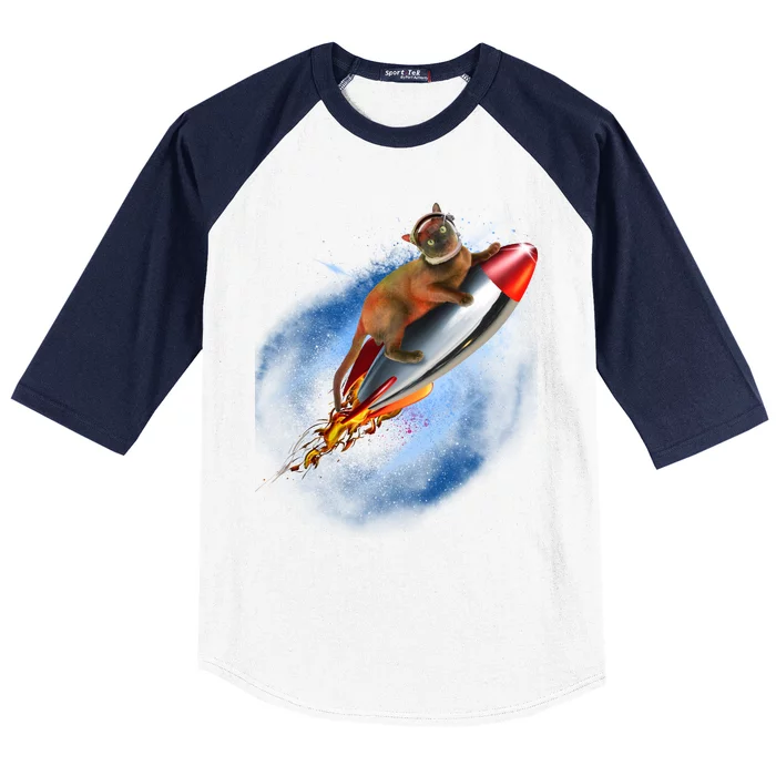 Funny Astronaut Cat Blasting Off In Space Baseball Sleeve Shirt