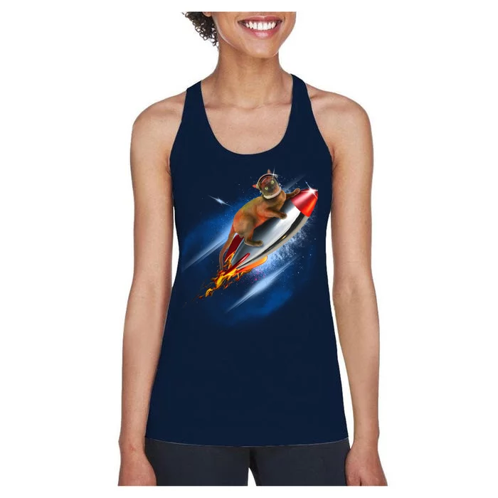 Funny Astronaut Cat Blasting Off In Space Women's Racerback Tank