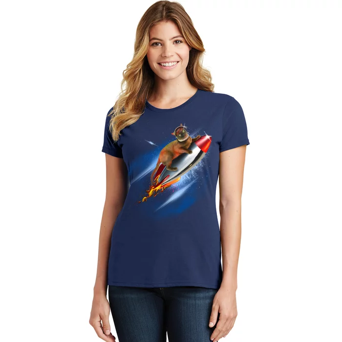 Funny Astronaut Cat Blasting Off In Space Women's T-Shirt