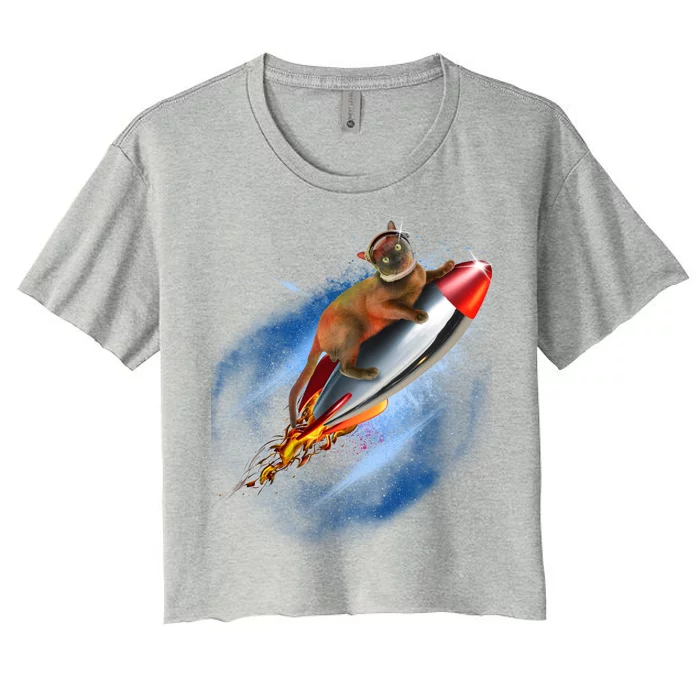 Funny Astronaut Cat Blasting Off In Space Women's Crop Top Tee