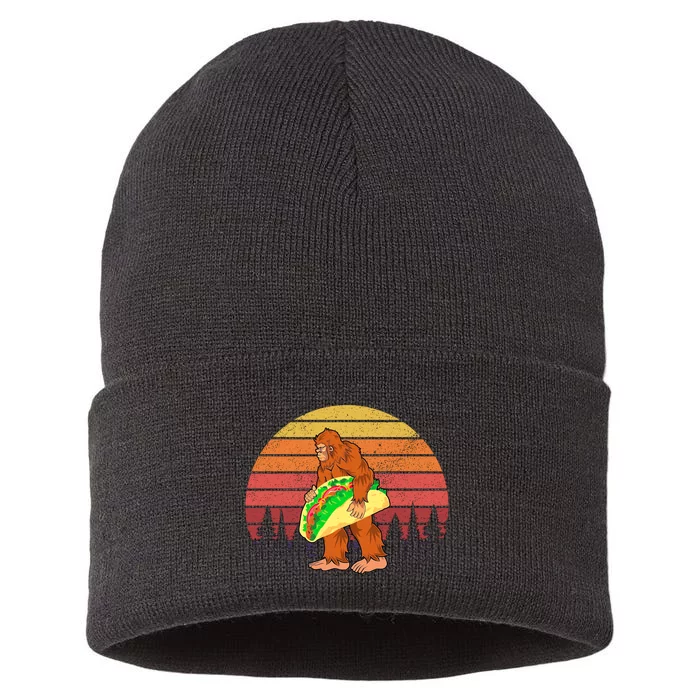 Funny Bigfoot Holding A Taco Sustainable Knit Beanie