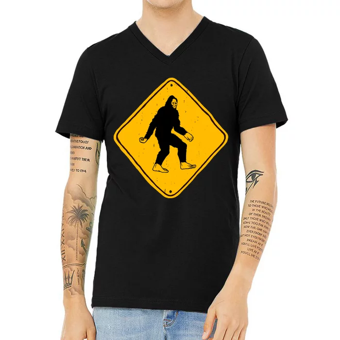 Funny Bigfoot Road Sign V-Neck T-Shirt