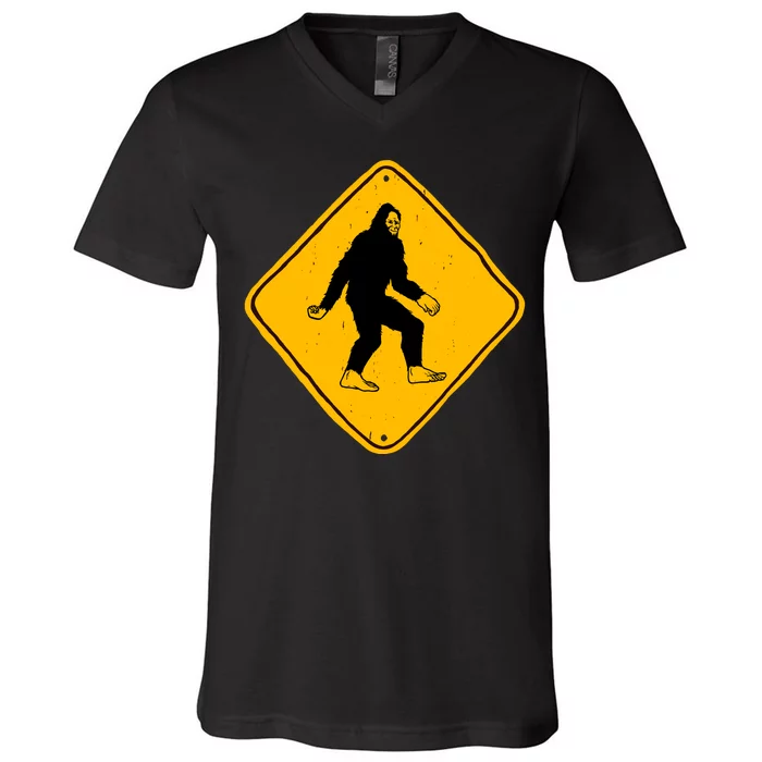 Funny Bigfoot Road Sign V-Neck T-Shirt