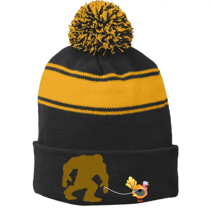 Funny Bigfoot Thanksgiving Turkey Stripe Pom Pom Beanie