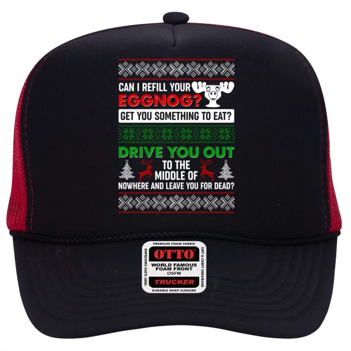 Funny Can I Refill Your Eggnog? Ugly Christmas Sweater High Crown Mesh Trucker Hat