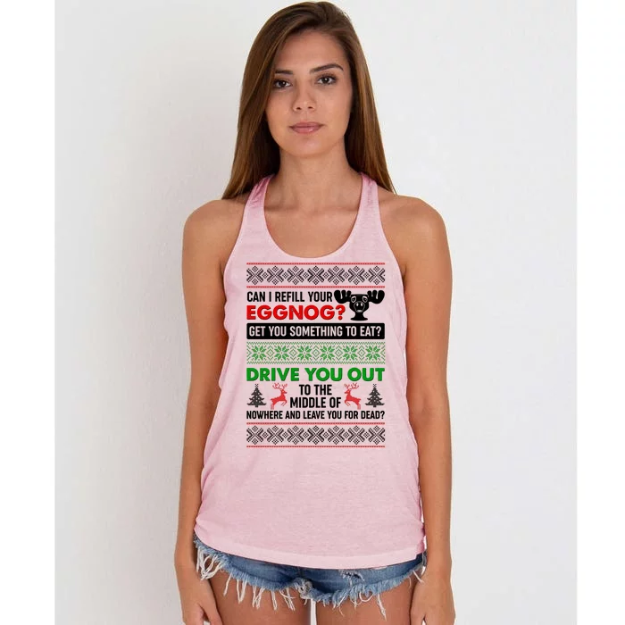 Funny Can I Refill Your Eggnog? Ugly Christmas Sweater Women's Knotted Racerback Tank