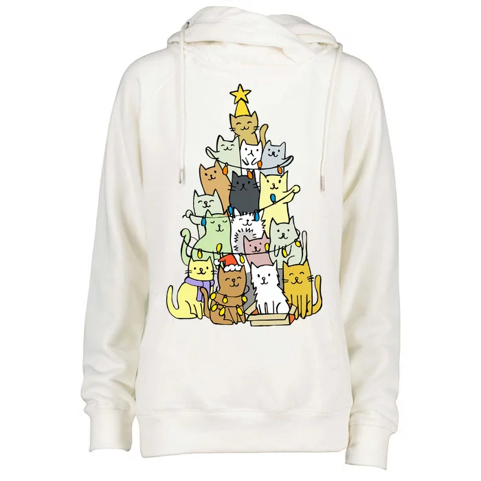 Funny Cat Christmas Tree Womens Funnel Neck Pullover Hood