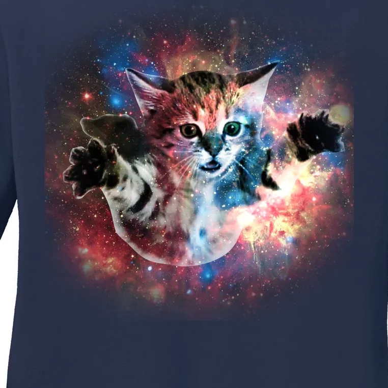 Funny Cat Floating In Space Ladies Long Sleeve Shirt