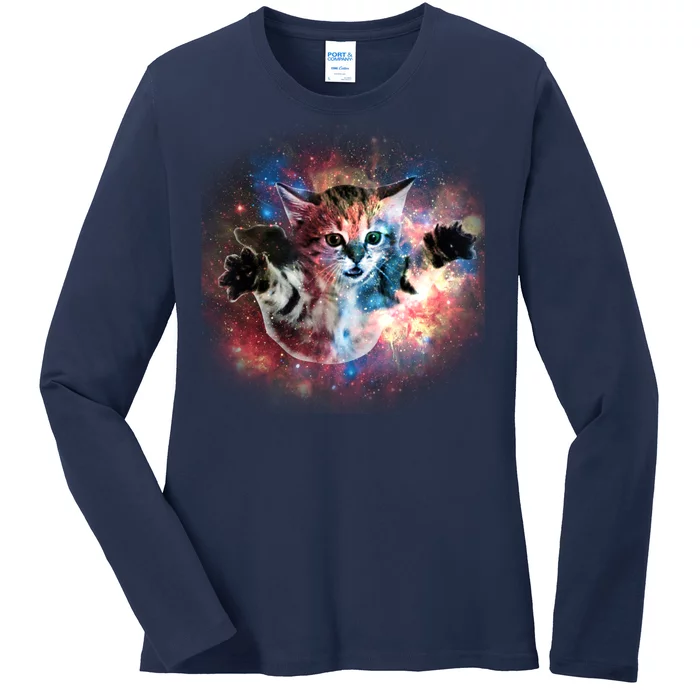 Funny Cat Floating In Space Ladies Long Sleeve Shirt