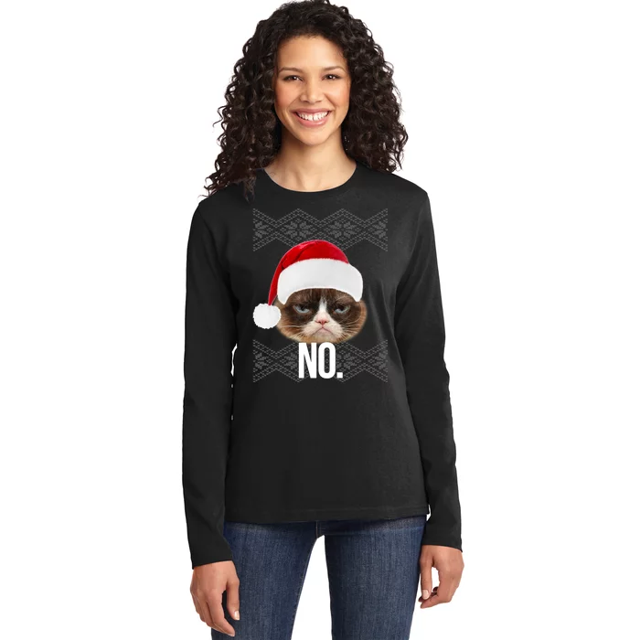 Funny Cat NO Meme Ugly Christmas Sweater Ladies Long Sleeve Shirt