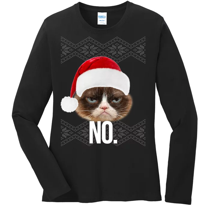 Funny Cat NO Meme Ugly Christmas Sweater Ladies Long Sleeve Shirt