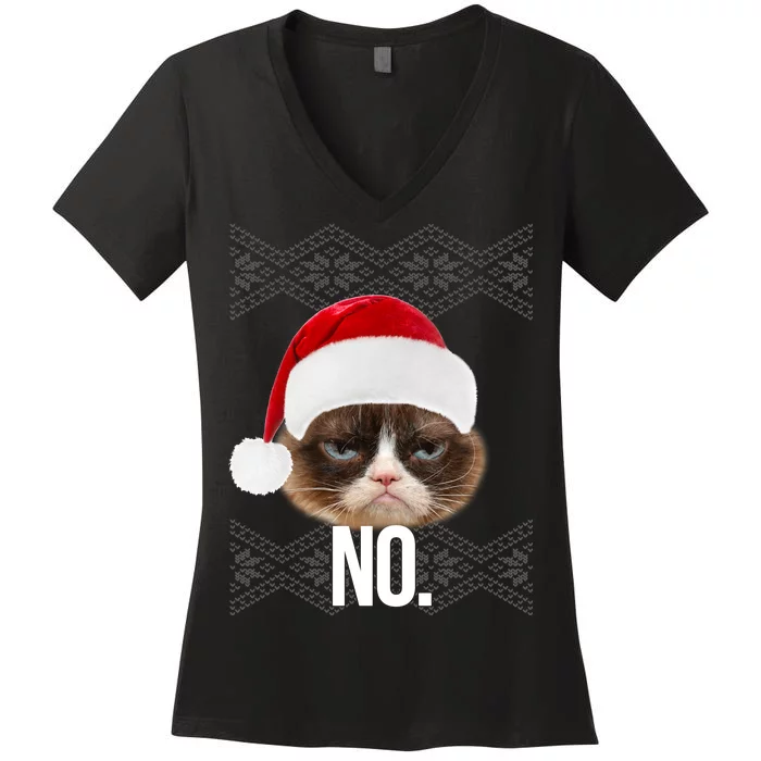 Funny Cat NO Meme Ugly Christmas Sweater Women's V-Neck T-Shirt