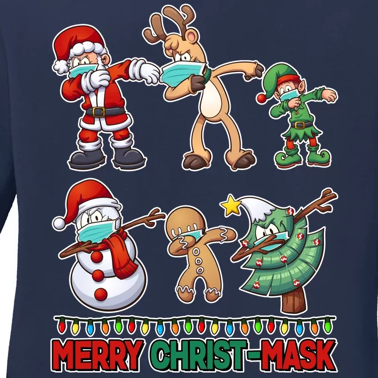 Funny Christmas Dabbing Merry Christ-Mask Ladies Long Sleeve Shirt