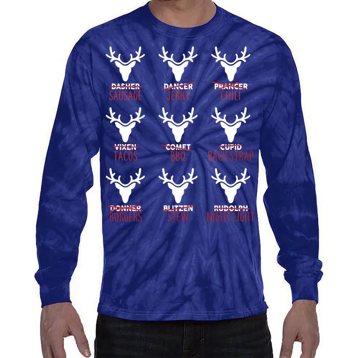 Funny Christmas Reindeer Names Tie-Dye Long Sleeve Shirt