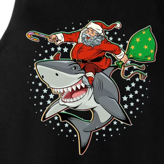 Funny Christmas Santa Riding Shark Ladies Tri-Blend Wicking Tank