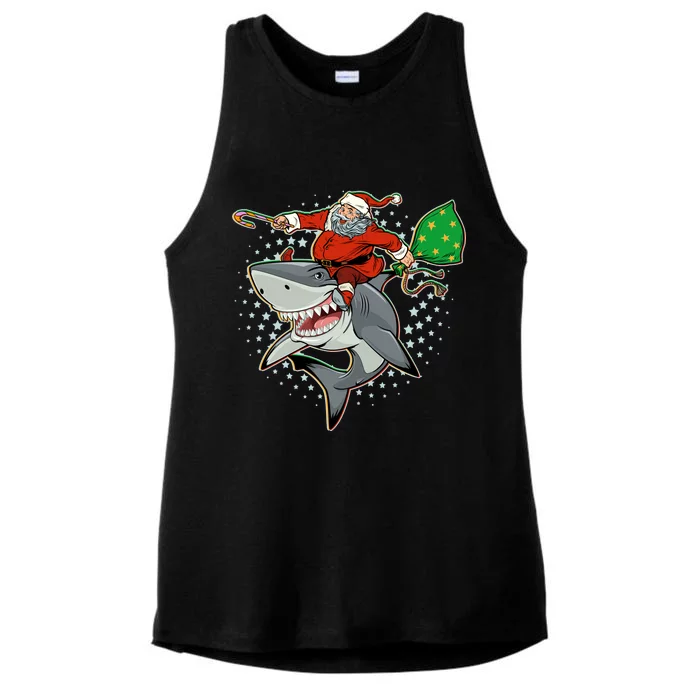 Funny Christmas Santa Riding Shark Ladies Tri-Blend Wicking Tank