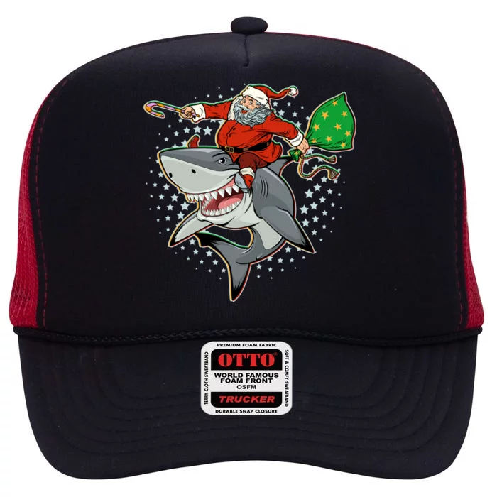 Funny Christmas Santa Riding Shark High Crown Mesh Trucker Hat