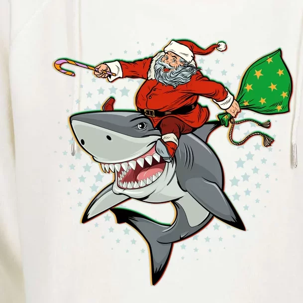 Funny Christmas Santa Riding Shark Womens Funnel Neck Pullover Hood