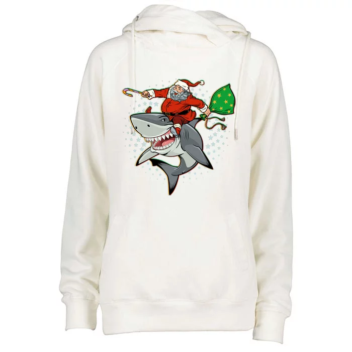 Funny Christmas Santa Riding Shark Womens Funnel Neck Pullover Hood