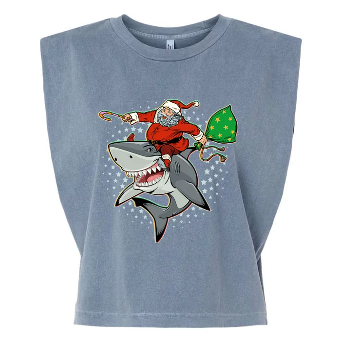 Funny Christmas Santa Riding Shark Garment-Dyed Women's Muscle Tee