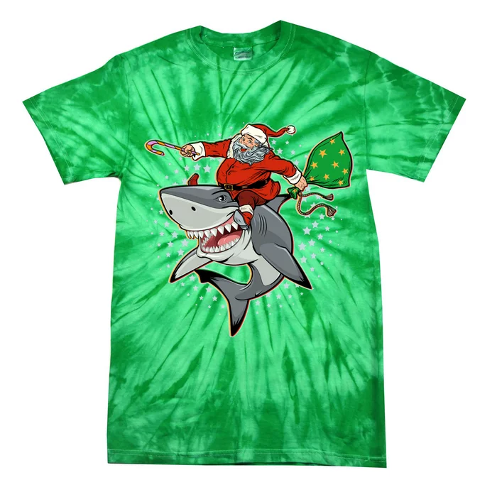 Funny Christmas Santa Riding Shark Tie-Dye T-Shirt